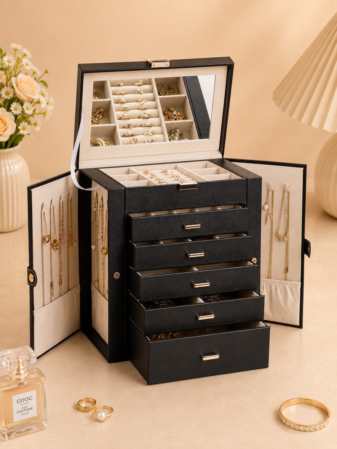 صندوق مجوهرات كبير من الجلد ال - مراجعة Women Accessories Drawer وسعره