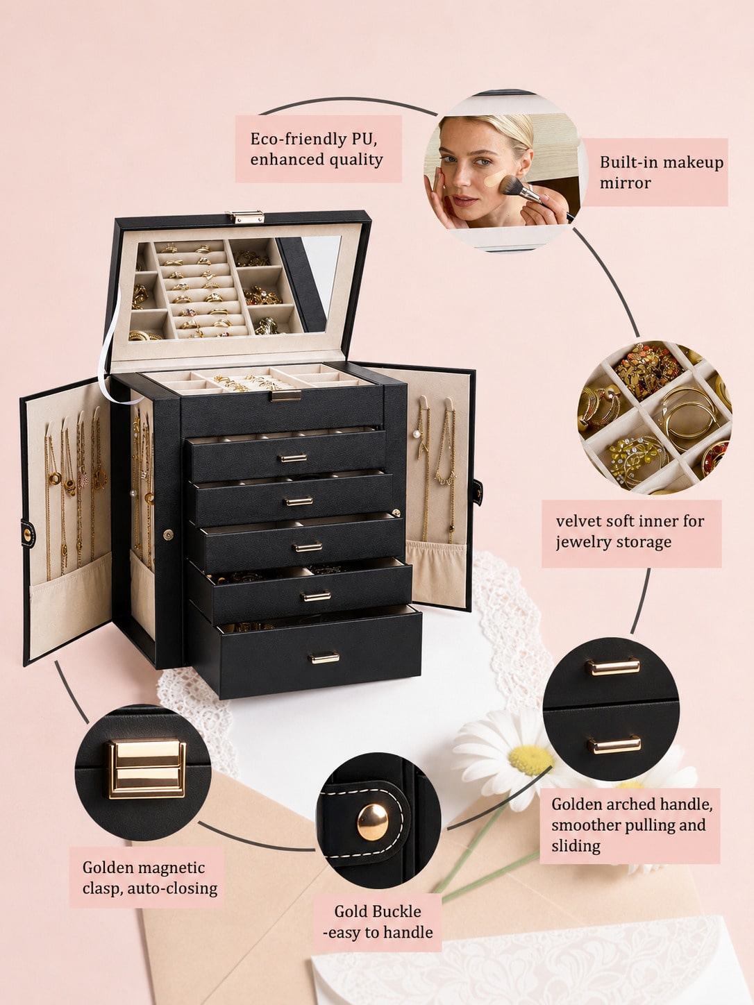 صندوق مجوهرات كبير من الجلد ال - مراجعة Women Accessories Drawer وسعره